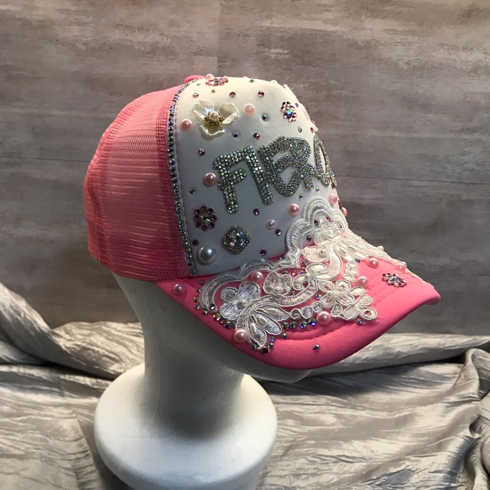 Embellished Pink and White Women’s Trucker Hat - Picture 5 of 11